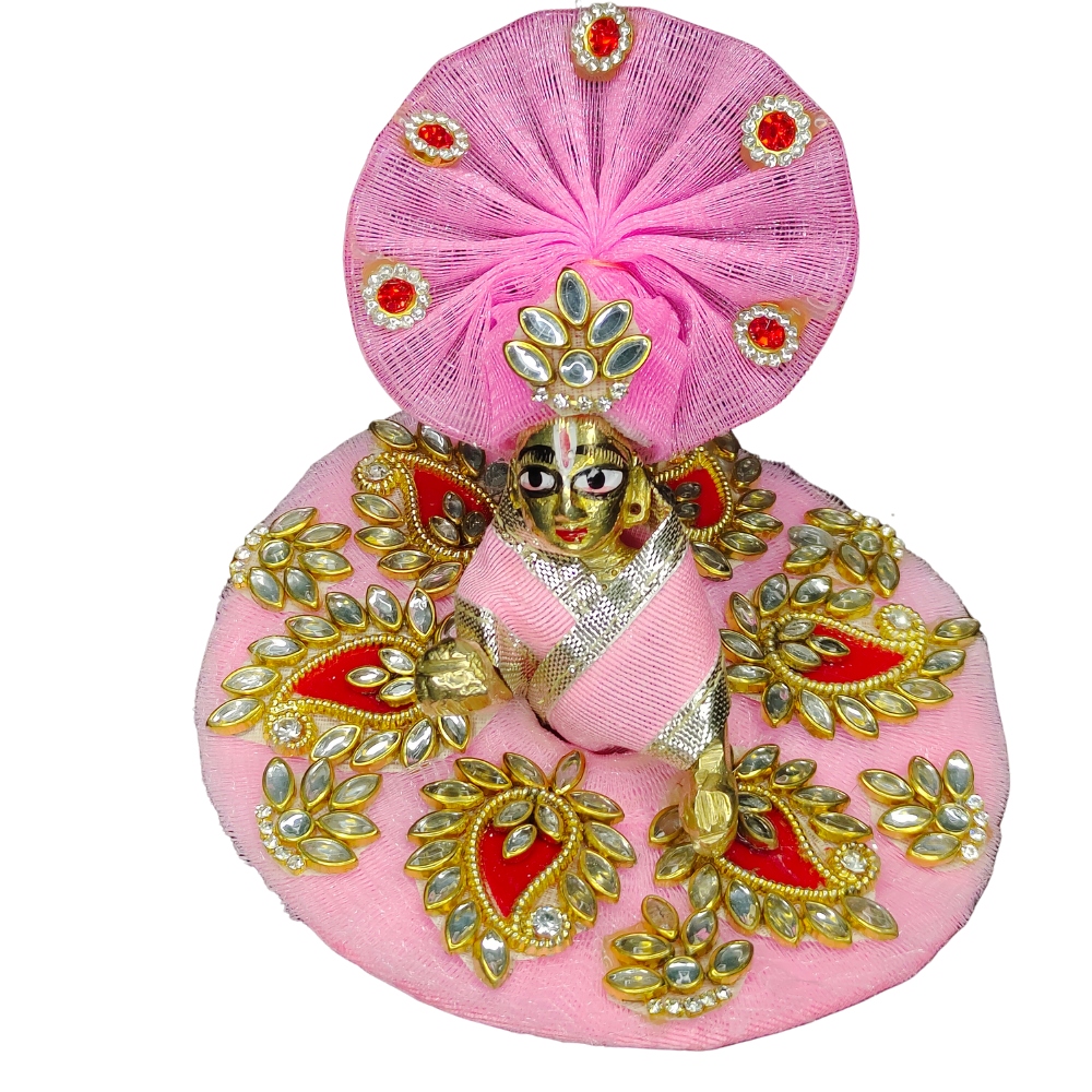Laddu Gopal Baby Pink and Red Kundan Dress with Pagadi | Size 0 ...