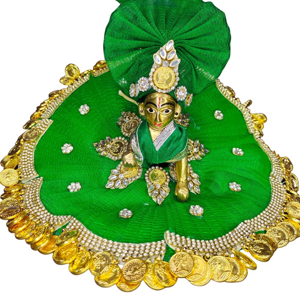 Laddu Gopal Ji Designer Green Stone Coin Dress with Pagdi - PUJABAG