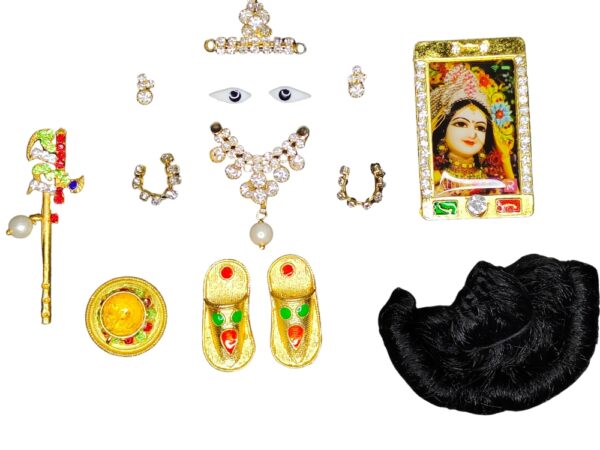 Ladoo Gopal Shringar Jewellery Set | Size 0 & 1 (Small) | Earring, Mukut, Bangle, Eye, Mobile, Slipper,Necklace, Hair, Cup Plate and Basuri