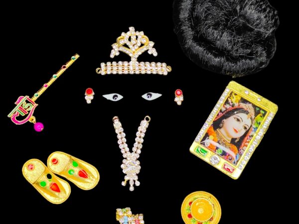 Ladoo Gopal Shringar Jewellery Set | Size 2 & 3 ( Medium ) | Earring, Mukut, Bangle, Eye, Mobile, Slipper,Necklace, Hair, Cup Plate and Basuri