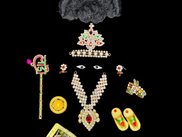 Ladoo Gopal Shringar Jewellery Set | Size 0 & 1 (Small) | Earring, Mukut, Bangle, Eye, Mobile, Slipper,Necklace, Hair, Cup Plate and Basuri