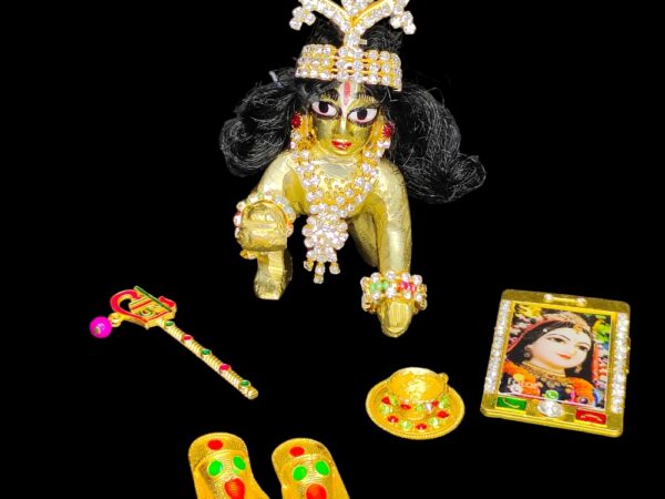 Ladoo Gopal Shringar Jewellery Set | Size 2 & 3 ( Medium ) | Earring, Mukut, Bangle, Eye, Mobile, Slipper,Necklace, Hair, Cup Plate and Basuri