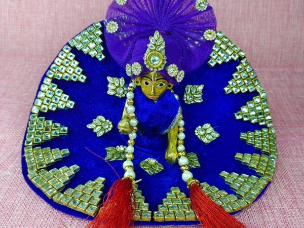 Laddu Gopal Designer Triangle Kundan Dress with Pagdi | Blue