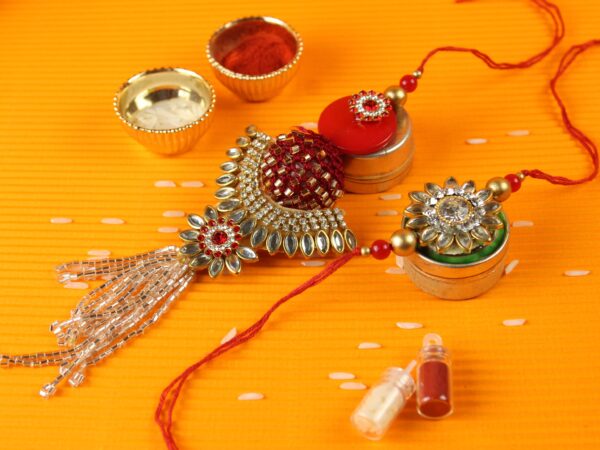 Designer Kundan Ball Lumba Rakhi Pair Red – Gift Pack