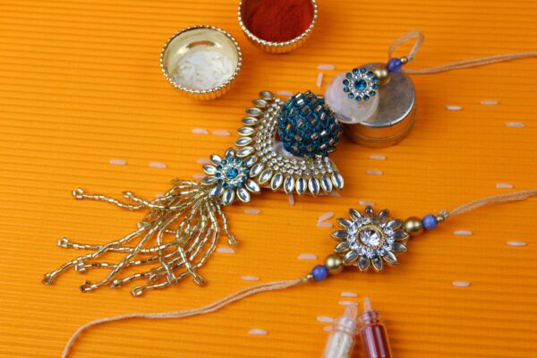 Designer Kundan Ball Lumba Rakhi Pair Blue - Gift Pack