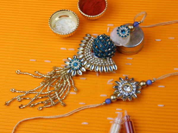 Designer Kundan Ball Lumba Rakhi Pair Blue – Gift Pack