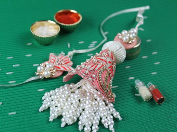 Peach Pearl Embroidery Designer Lumba Rakhi Set – Gift Pack