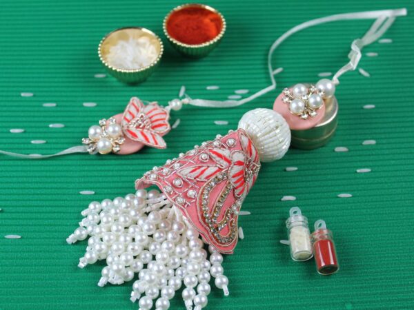 Peach Pearl Embroidery Designer Lumba Rakhi Set – Gift Pack