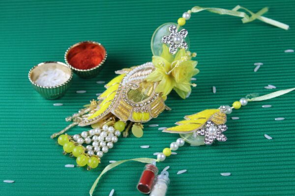 Yellow Net Embroidery Designer Lumba Rakhi Set - Gift Pack