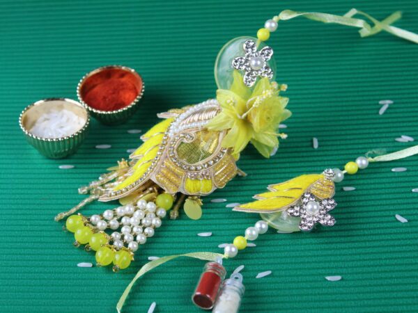 Yellow Net Embroidery Designer Lumba Rakhi Set – Gift Pack