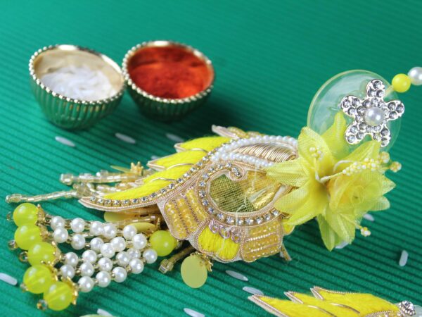 Yellow Net Embroidery Designer Lumba Rakhi Set – Gift Pack