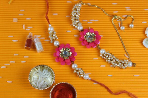 Designer Pink Flower Lumba Rakhi Set - Gift Pack