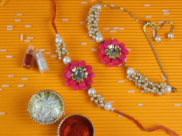 Designer Pink Flower Lumba Rakhi Set – Gift Pack