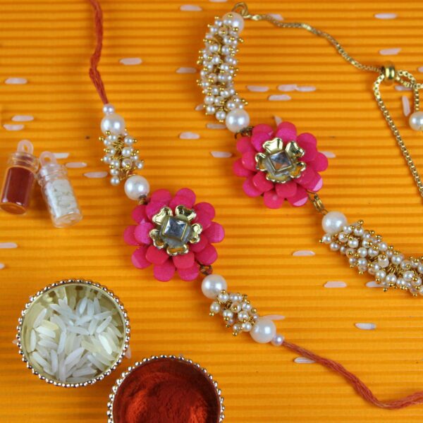 Designer Pink Flower Lumba Rakhi Set - Gift Pack