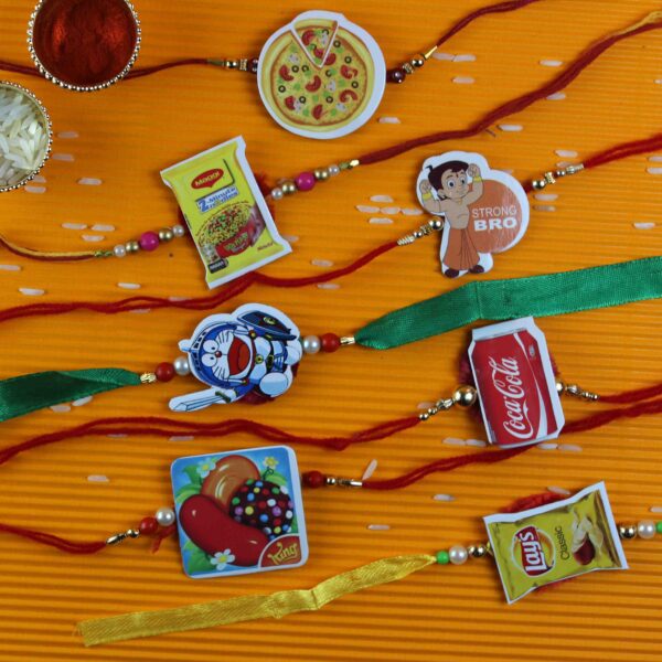 Stricker Rakhi Pack of 7 ( Candy Crush, Maggi , Pizza, Chota Bheem, Doraemon, Coca Cola and Lays Rakhi )