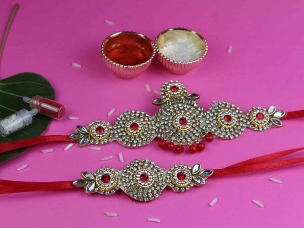 Designer Red Stone Kundan Rakhi Lumba Combo – Gift Pack