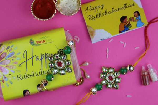 Designer Green Kundan Rakhi Lumba Combo - Gift Pack