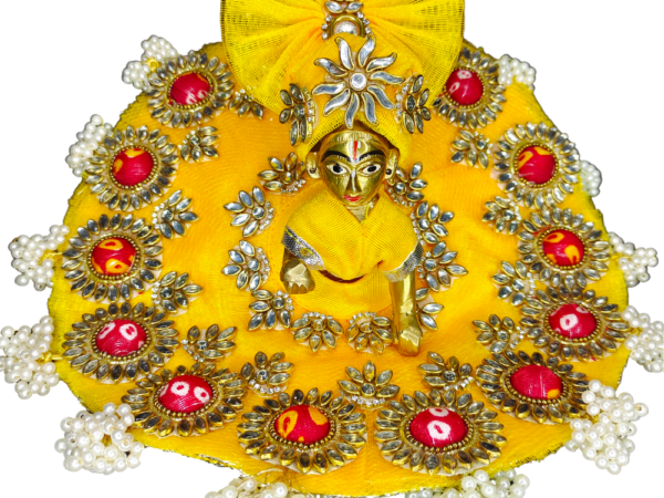 Laddu Gopal Ji Designer Yellow Kundan Dress with Pagdi