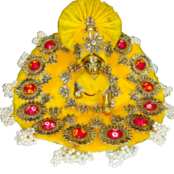 Laddu Gopal Ji Designer Yellow Kundan Dress with Pagdi